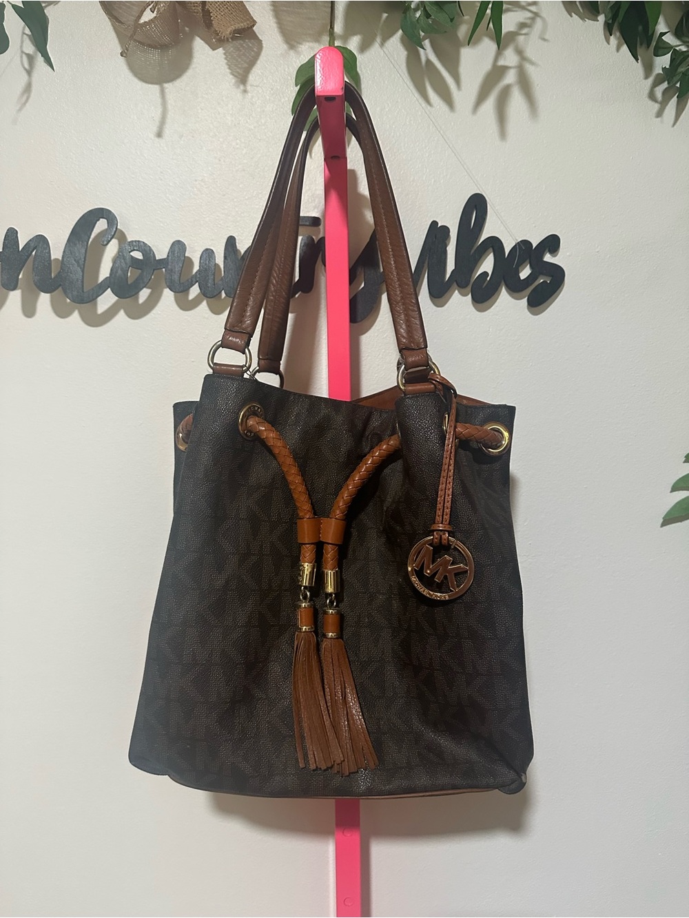 Michael Kors Brown Logo Drawstring Bucket Bag with Tassel